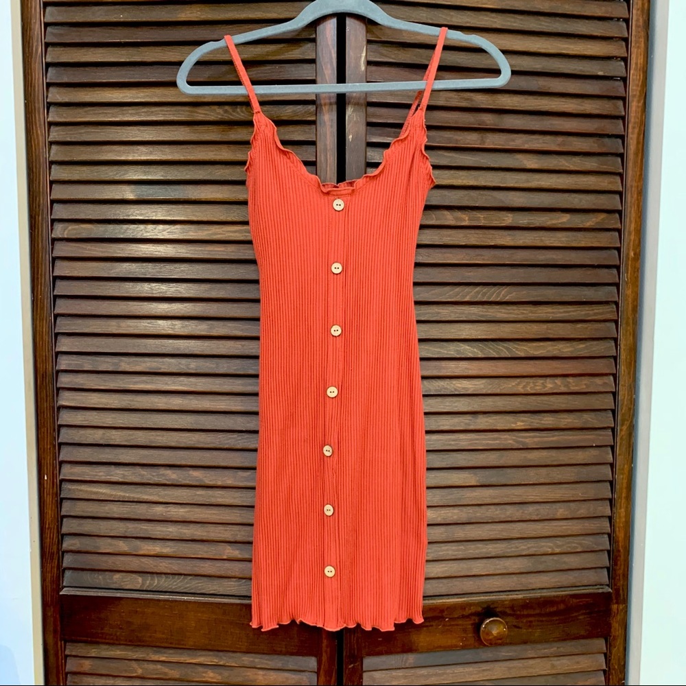 Burnt Orange Ribbed Spaghetti Strap Cami Dress